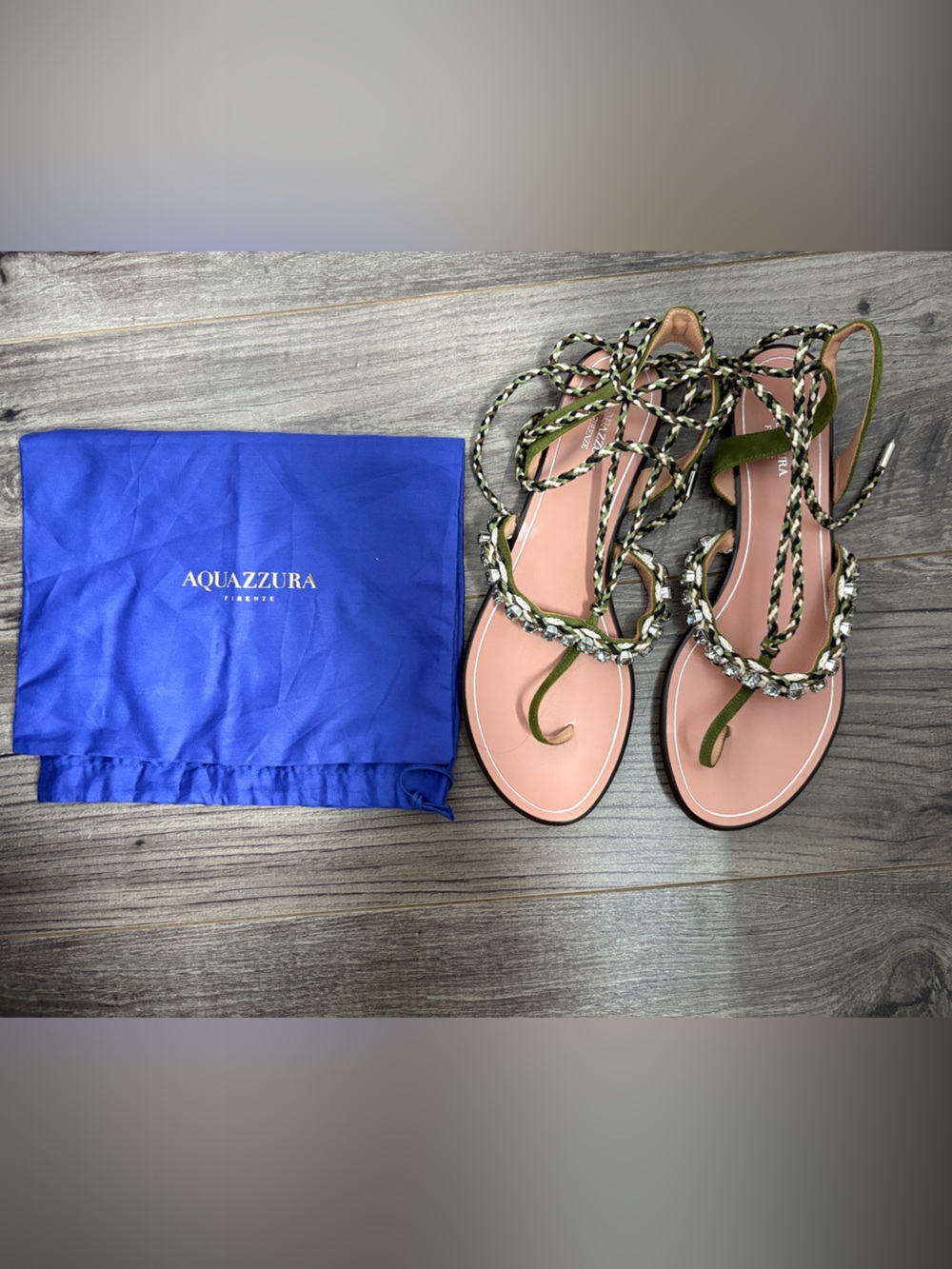 Aquazzura Leather Braided Lace-Up Sandals with Green Straps - 39EU | 8US